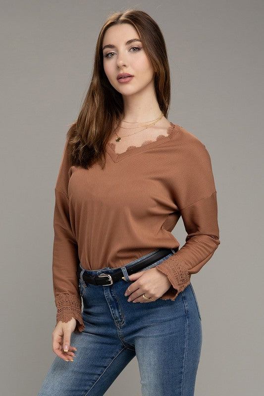 Lace Trim Long Sleeve Top