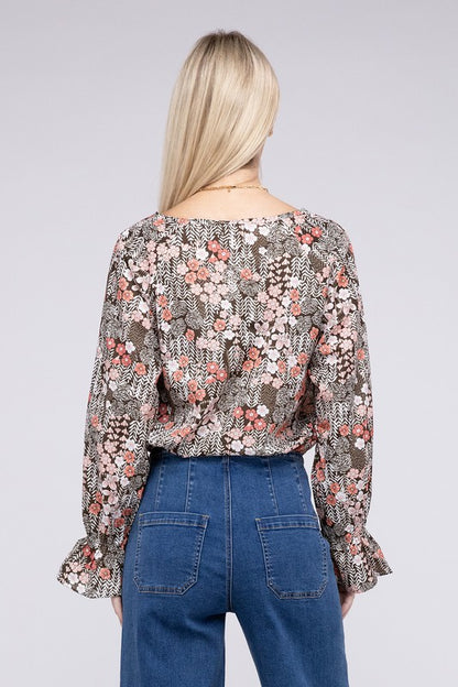 Floral Print Tie Neck Blouse