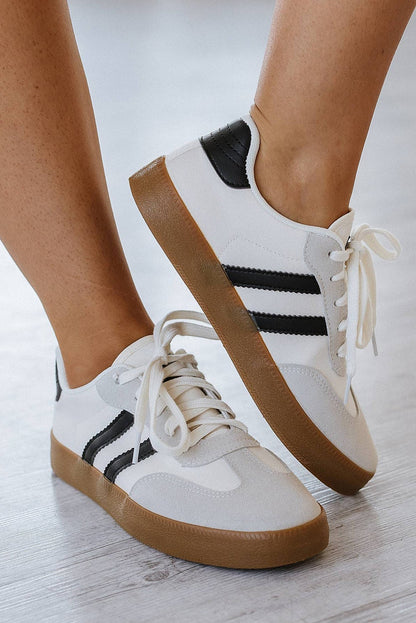 White Striped Lace-up Flat Sneakers